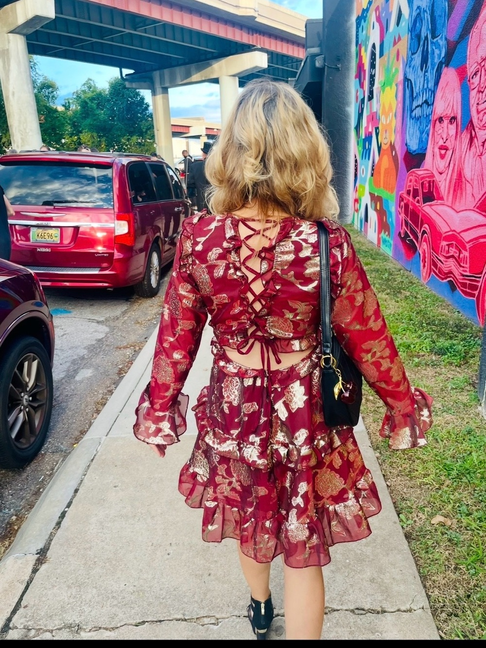 Altar'd State Burgundy Dress with Gold Floral Foil